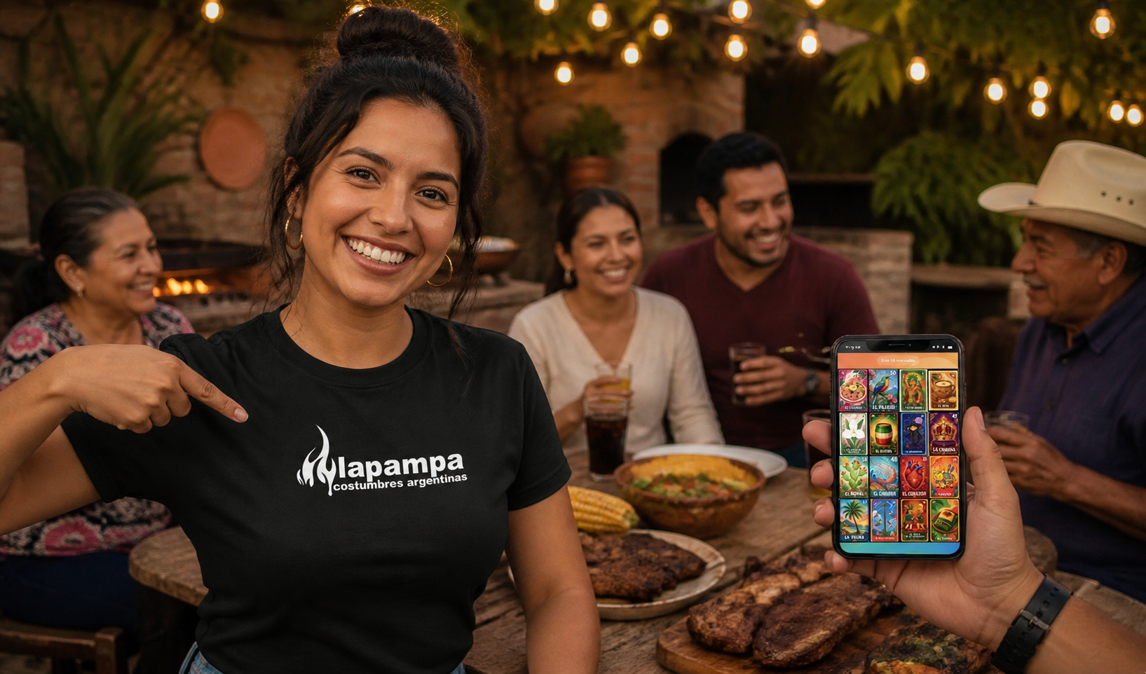 Invitada con playera La Pampa durante una reunión familiar